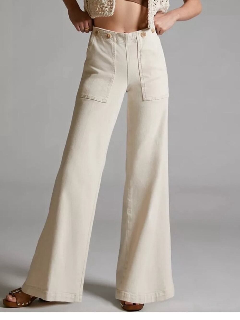 Anthropologie Pilcro The Kit High-Rise Wide-Leg Utility Trousers Cream Size 24
